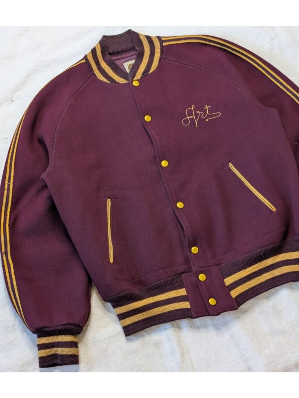 Vintage 50s Bloomsburg S.T.C Uni. Chain Stitched Empire Wool Snap Bomber Size 42